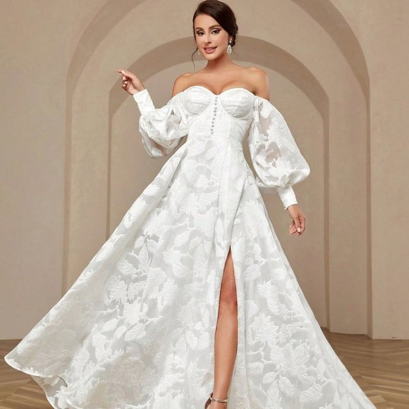White Wedding Fishbone Single Shoulder Split Breasted Long Lantern Sleeve Dress - Picture 4 of 5